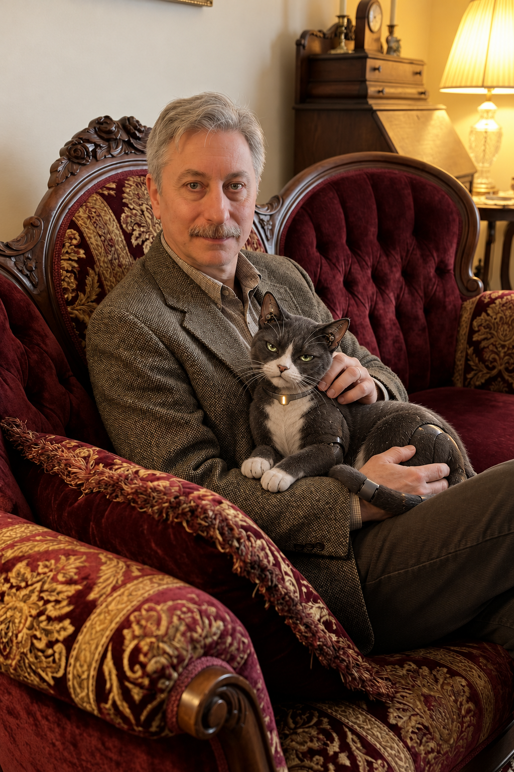 Max Goldberg, founder of Max Propulsion, seated with a robotic cat in an ornate armchair